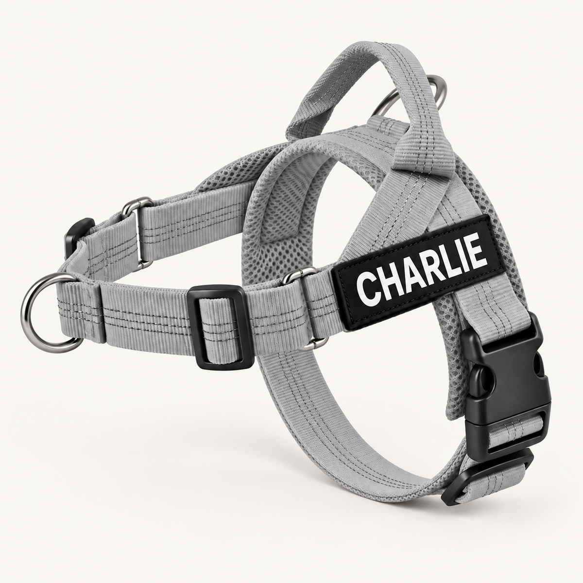 Gray no-pull dog harness with custom name patch