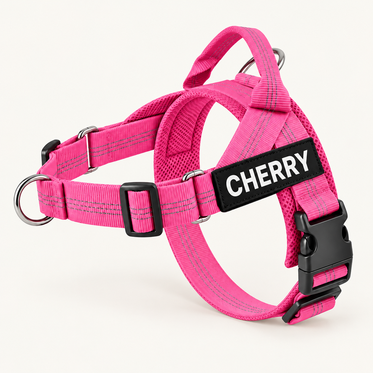 Pink no-pull dog harness with custom name patch