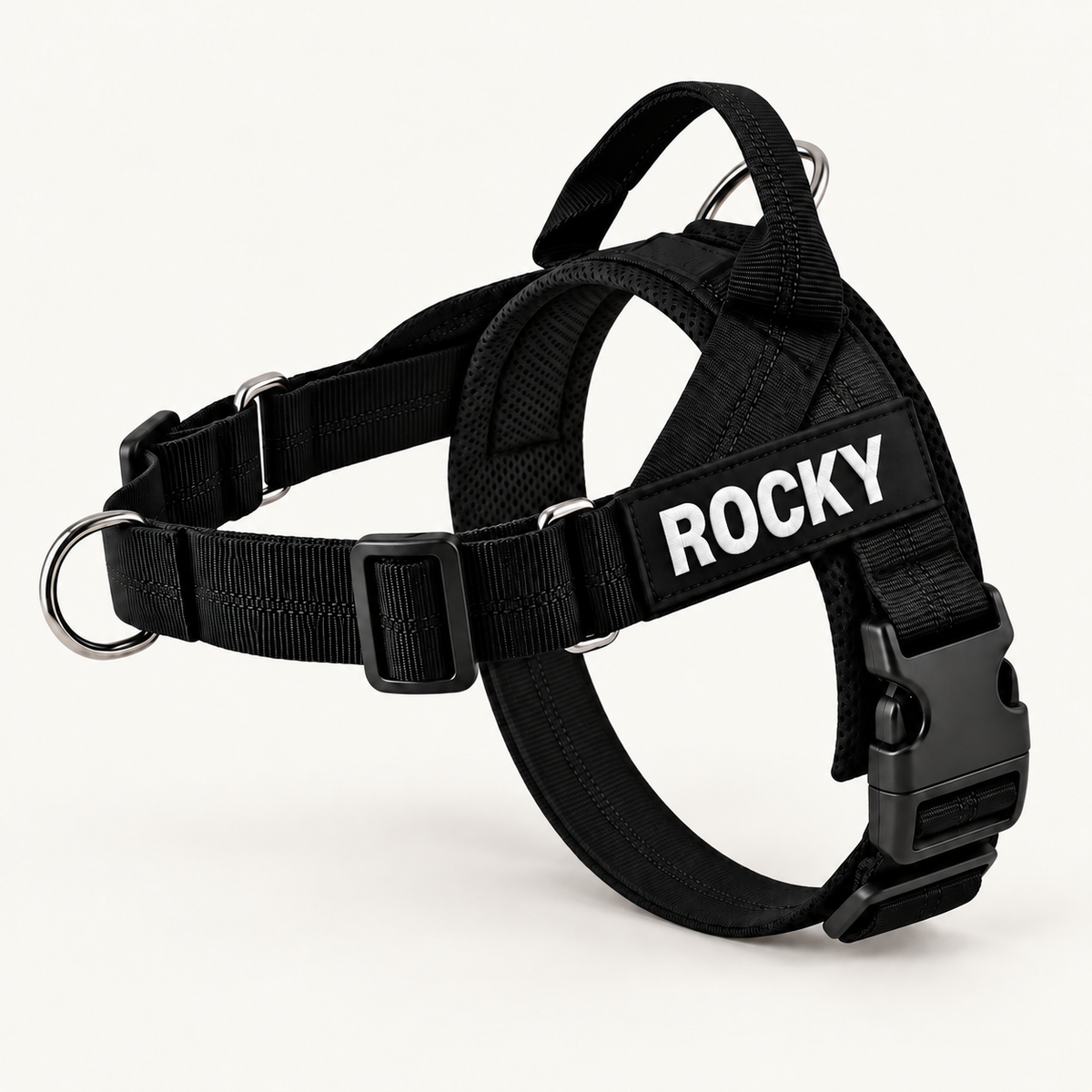 Classic Black no-pull dog harness with custom name patch