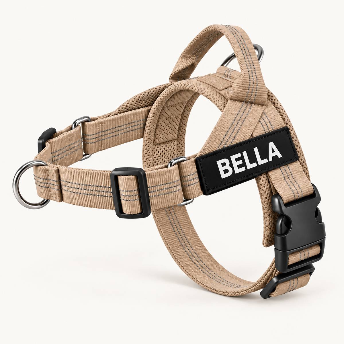 Beige no-pull dog harness with custom name patch