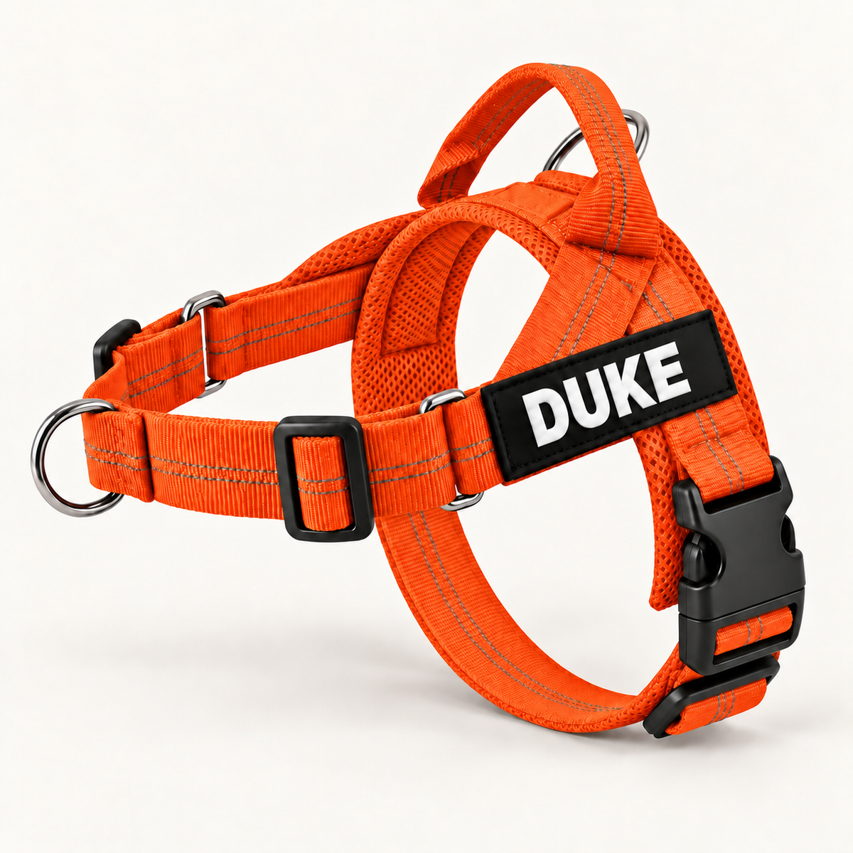 Trail Orange no-pull dog harness with custom name patch