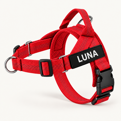 Red no-pull dog harness with custom name patch