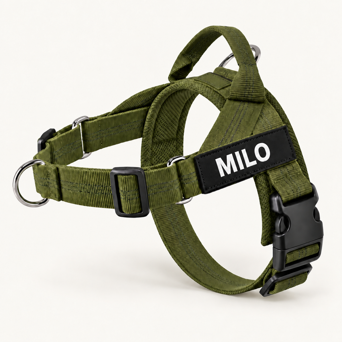 Olive Green no-pull dog harness with custom name patch