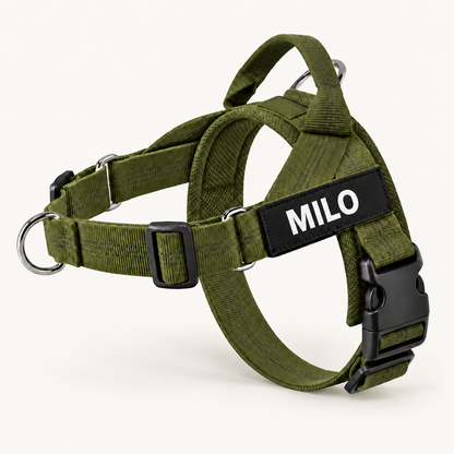Olive Green no-pull dog harness with custom name patch